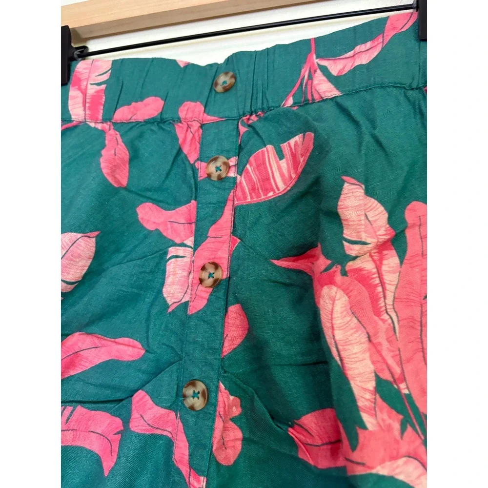 Colleen Lopez XS Skirt Green Pink Leaf Print Button Front Midi Ruched - Picture 4 of 7